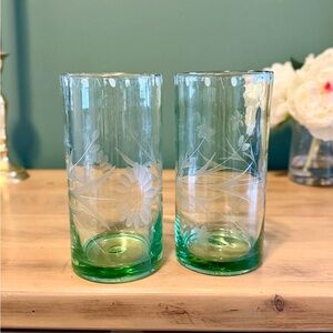 Bobby Flay Green Highball | Etched Floral Glass | Set 2
